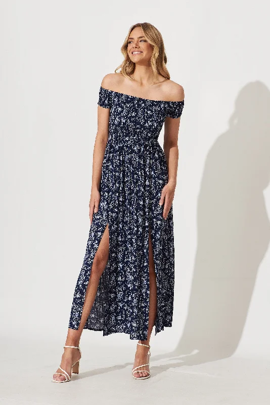 Under The Sun Maxi Dress In Navy With White Floral