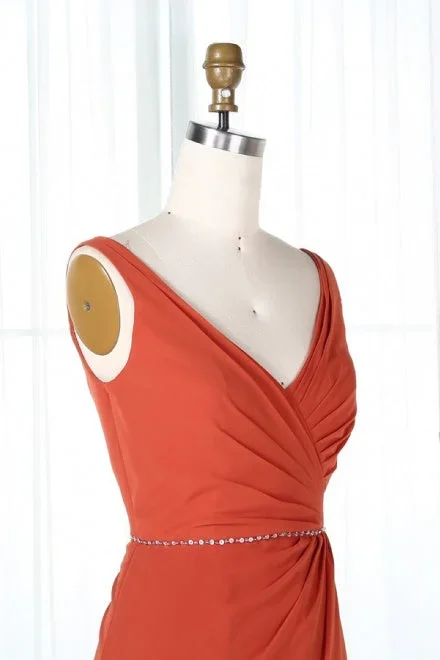 v-neck-burnt-orange-bridesmaid-dress-with-beaded-belt