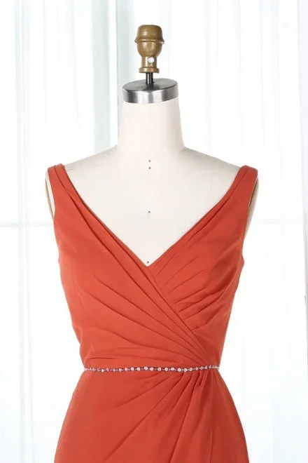 v-neck-burnt-orange-bridesmaid-dress-with-beaded-belt