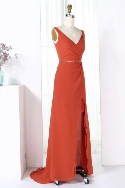 v-neck-burnt-orange-bridesmaid-dress-with-beaded-belt