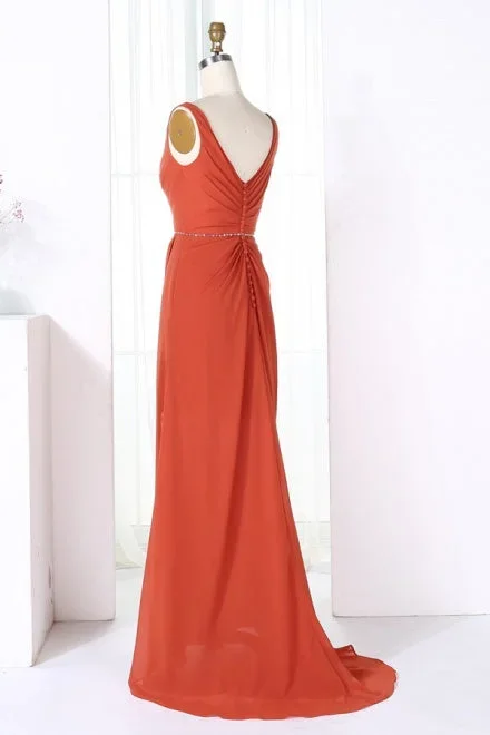 v-neck-burnt-orange-bridesmaid-dress-with-beaded-belt