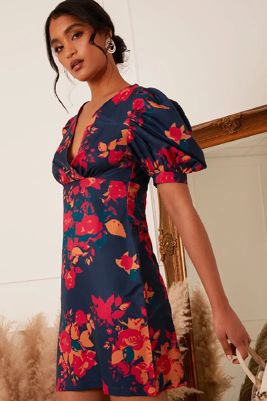 v-neck-puff-sleeve-floral-mini-dress-in-navy