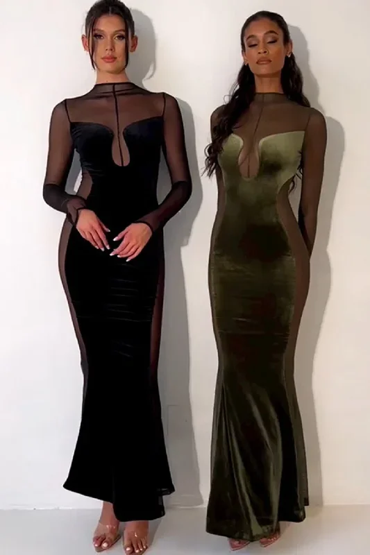 TastyHottie - Velvet Mesh Patchwork Fishtail Maxi Dress