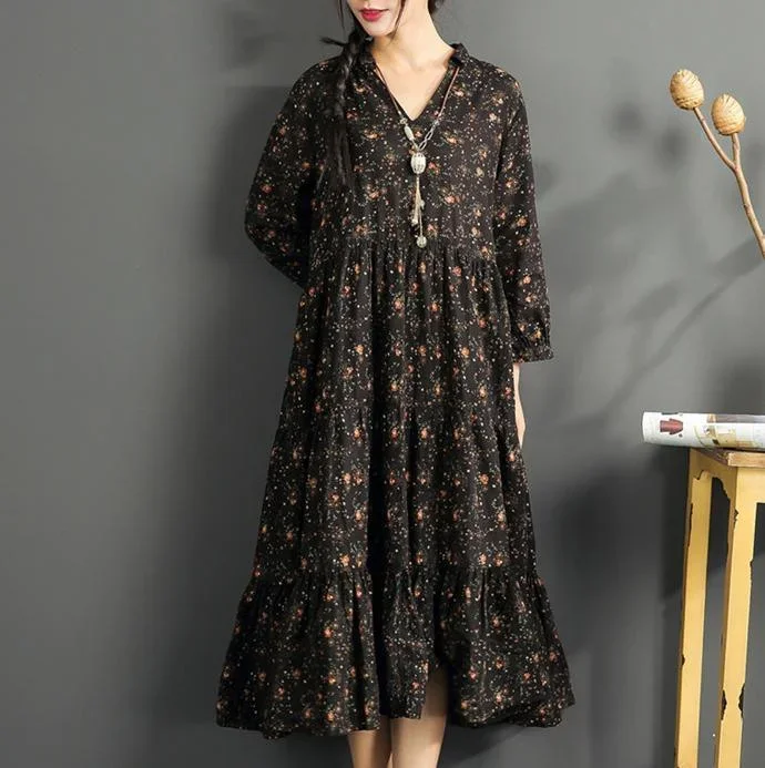 vintage black linen maxi dress casual prints cotton maxi dress casual v neck traveling clothing