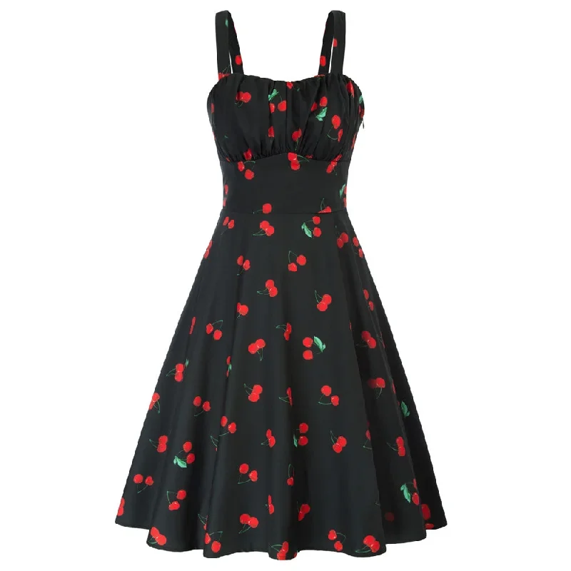 Vintage Fruit Printed Two-Way Defined Waist Dress Ruched Bodice Flared A-Line Dress