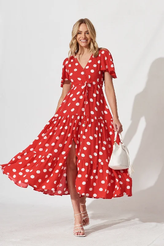 Violet Maxi Dress In Red With White Spot