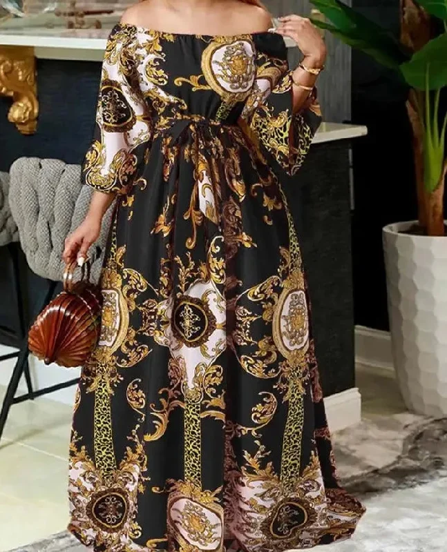 Bohemian Maxi Robe Women Printed Party Dress 2023 Sexy Off Shoulder Long Lantern Sleeve Sundress Belted Vintage Vestidos