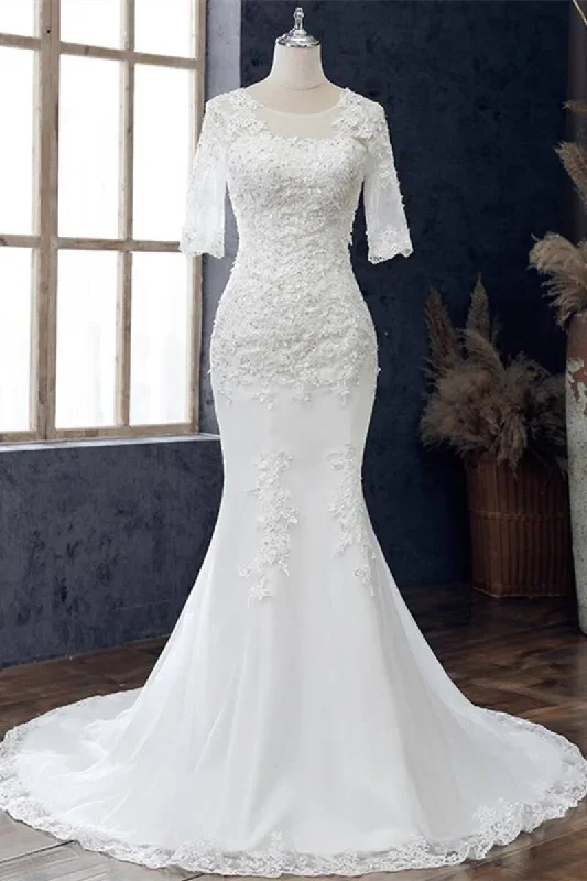 White Appliqués Jewel Half Sleeve Mermaid Wedding Dress