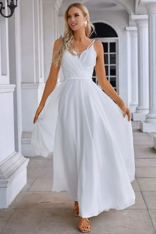 White Chiffon Surplice Neck A-Line Long Dress with Spaghetti Straps