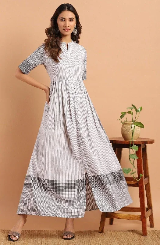 White Cotton Striped Flared Western Dress