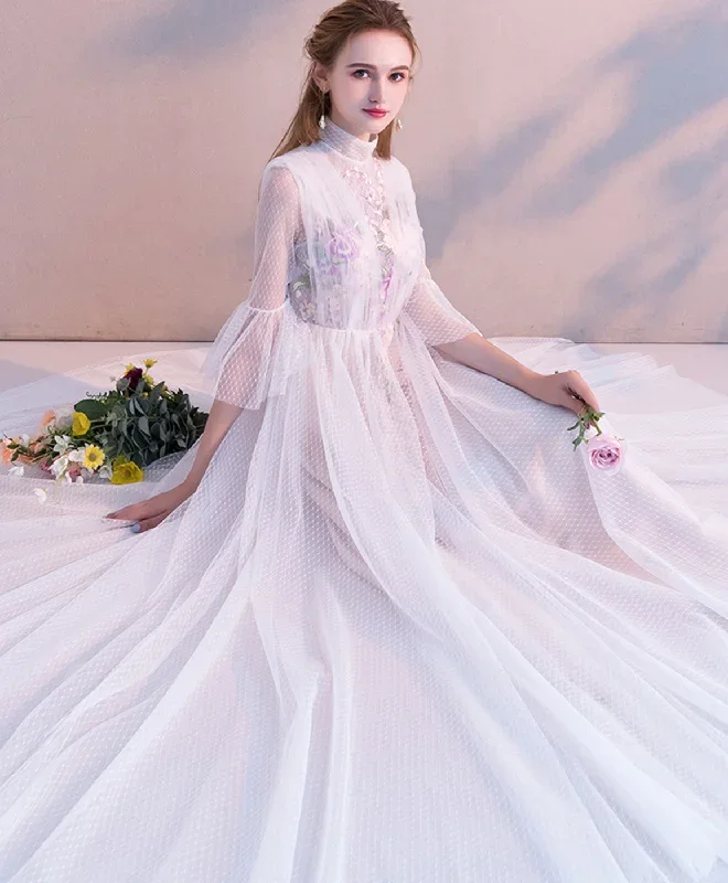 white-high-neck-tulle-lace-tea-long-prom-dress-bridesmaid-dress