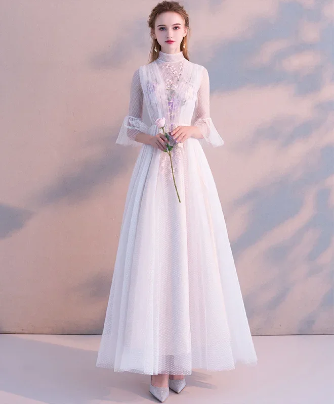 white-high-neck-tulle-lace-tea-long-prom-dress-bridesmaid-dress