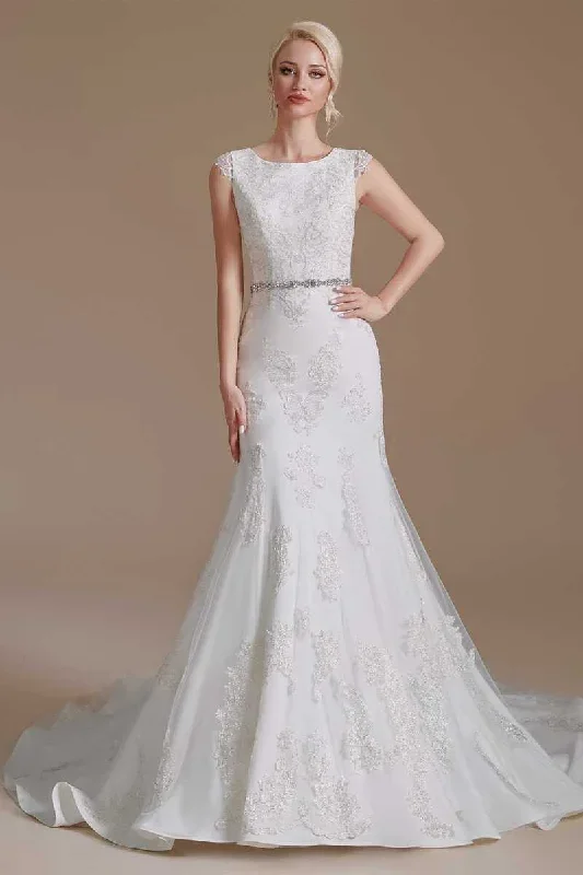 White Lace Cap Sleeve Sheer Back Mermaid Wedding Dress