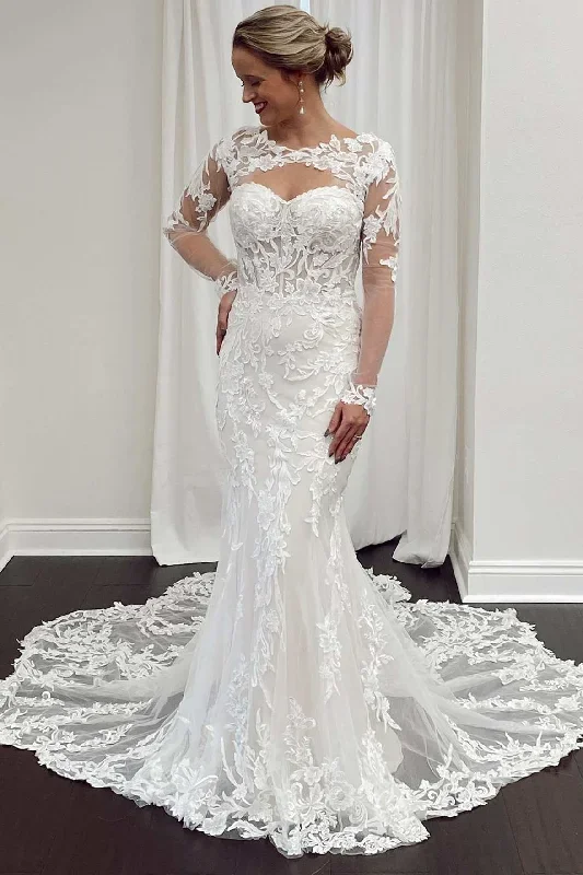 White Lace Cutout Long Sleeves Trumpet Bridal Gown