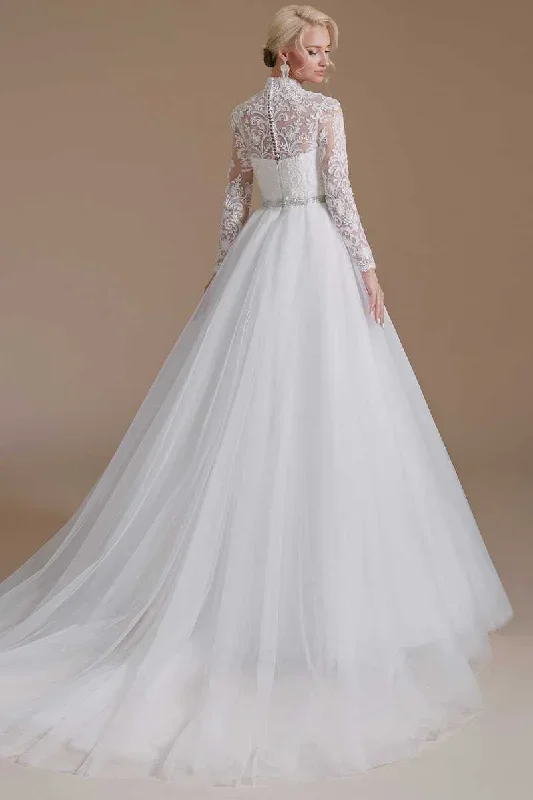 white-lace-high-collar-long-sleeves-a-line-wedding-dress