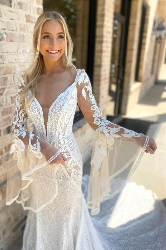 white-lace-plunge-long-sleeve-mermaid-long-wedding-dress