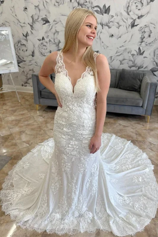 White Lace V-Neck Sheer Back Mermaid Long Wedding Dress