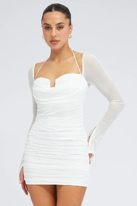 white-mini-dress-long-sleeve-halter-bodycon-ruched-mesh-ed0231-36cb-2