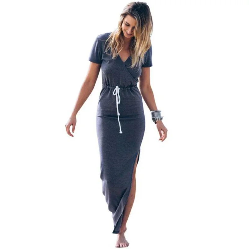 Women dress Personality Slender Waist Line Pencil maxi Dress Short sleeve tie waist pencil long dress casual slit