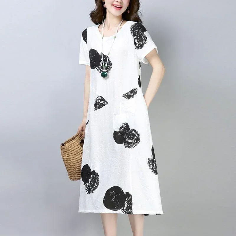 women Midi-length cotton dress trendy plus size Casual Short Sleeve Round Neck Printed White Dress