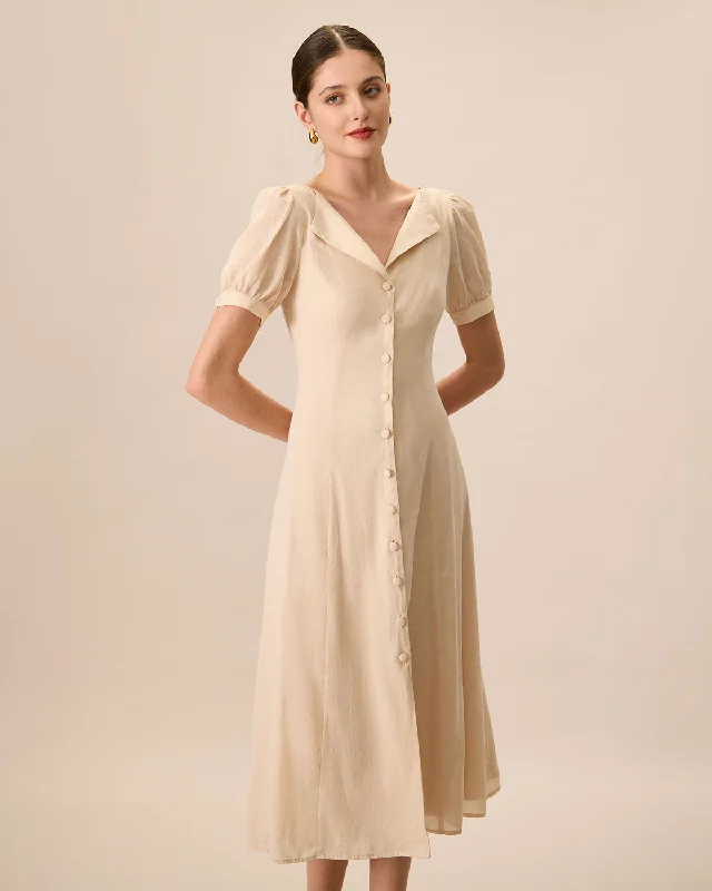 womens-apricot-puff-sleeve-cotton-midi-dress