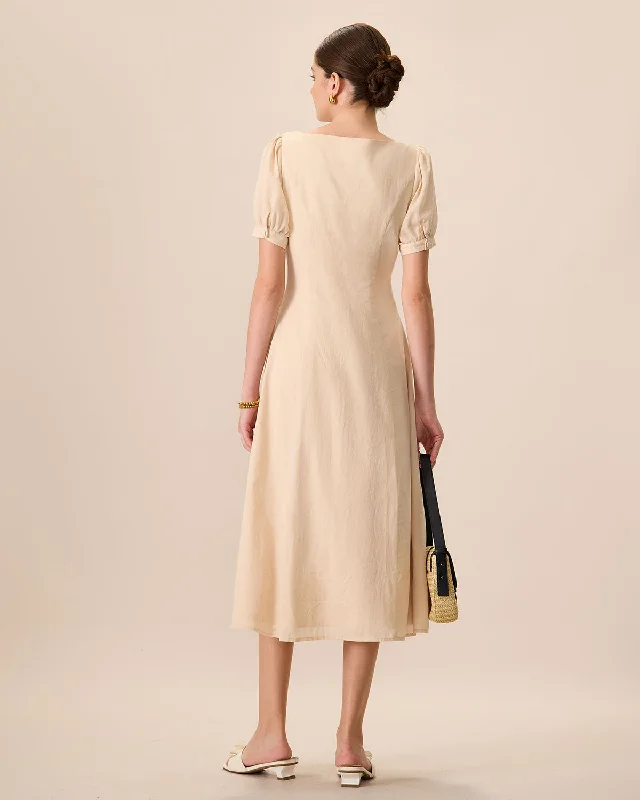 womens-apricot-puff-sleeve-cotton-midi-dress