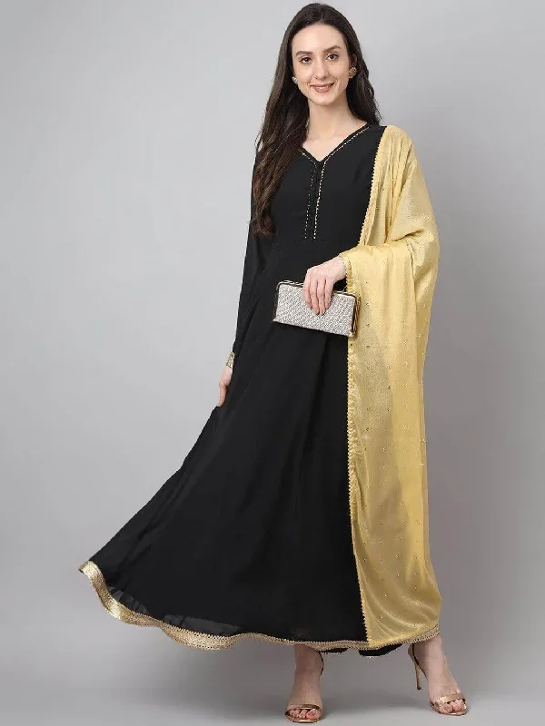 Women's Black Georgette Solid Kurta with Dupatta