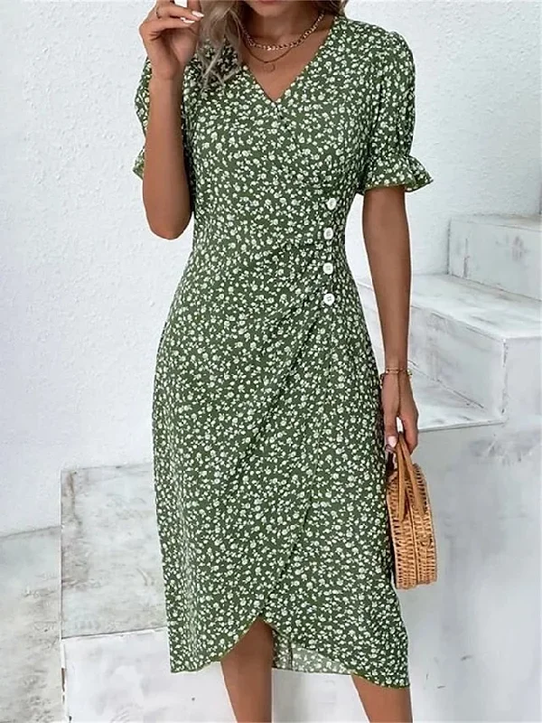 CityHottie - Women's Casual Dress Wrap Dress Floral Dress Floral Button Print V Neck Midi Dress Fashion Classic Daily Holiday Short Sleeve Regular Fit Black Dark Red Yellow Summer Spring S M L XL XXL