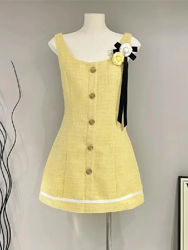 Getadme Yellow French Small Fragrant Tweed Party Dress For Women  High Quality Korean Sweet Fashion 3D Flower Slim Summer Dresses