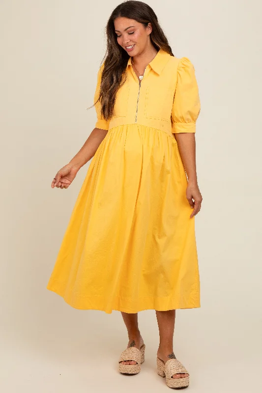 Yellow Half Zip Maternity Midi Dress