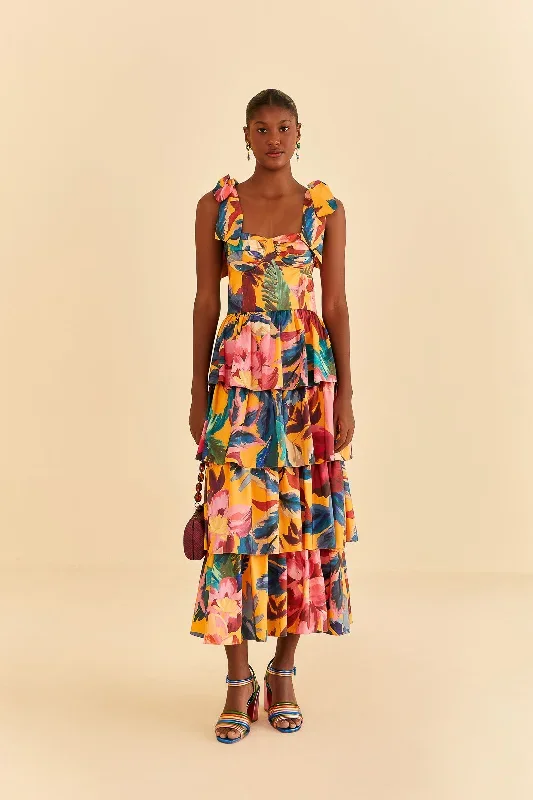 Yellow Painted Flowers Layered Maxi Dress