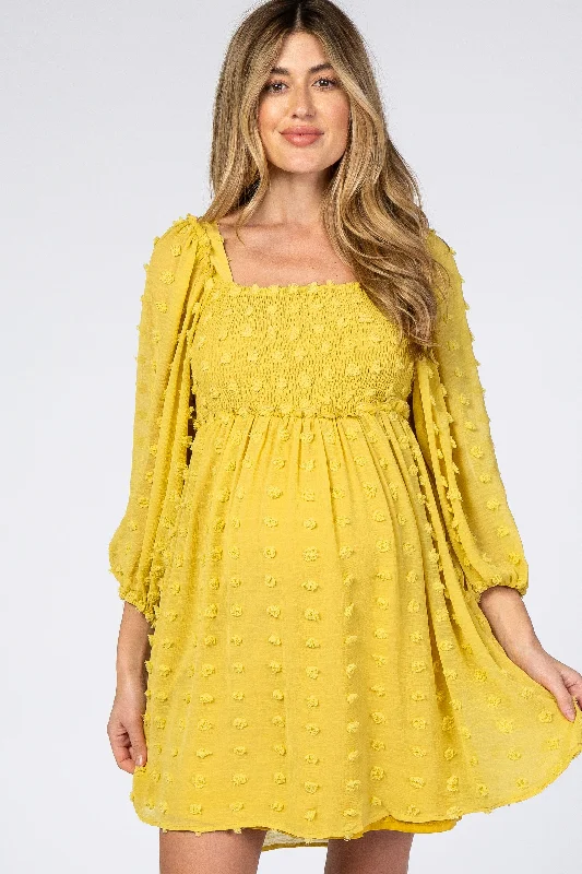 yellow-textured-dot-smocked-square-neck-chiffon-maternity-dress