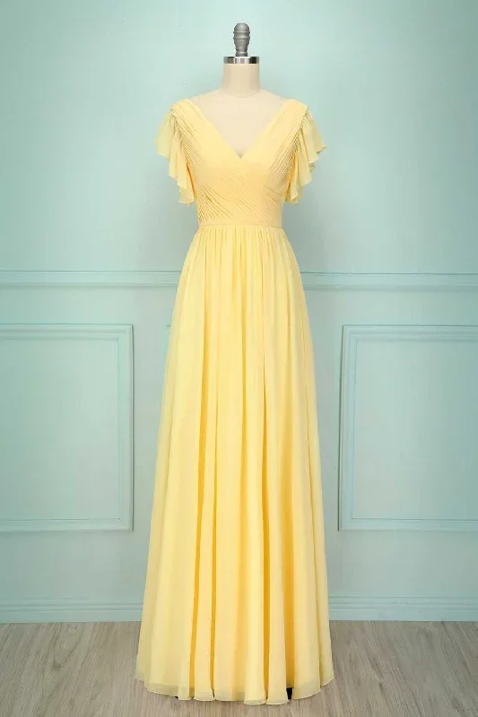 Yellow V-Neck Ruffled Pleated Bridesmaid Dress