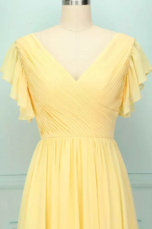 yellow-v-neck-ruffled-pleated-bridesmaid-dress