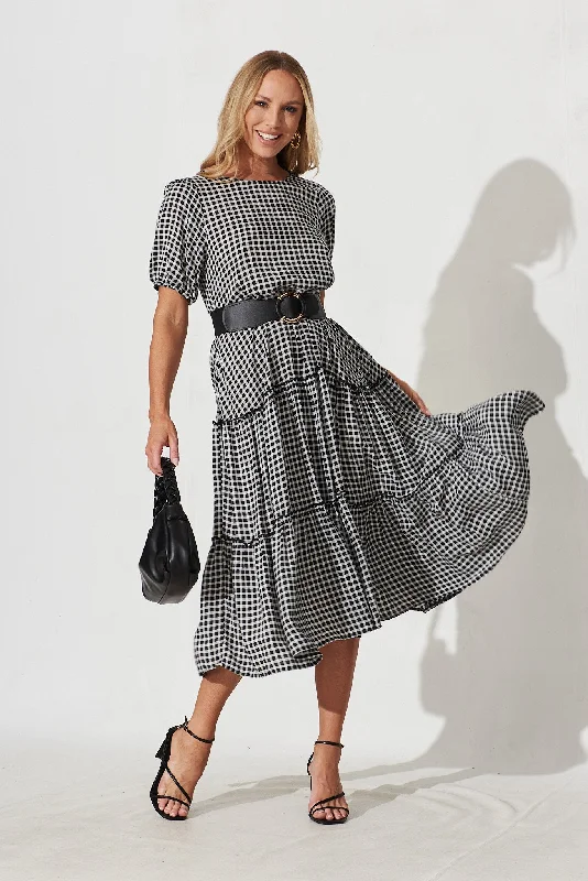 Zoya Midi Dress In Black With White Check Gingham